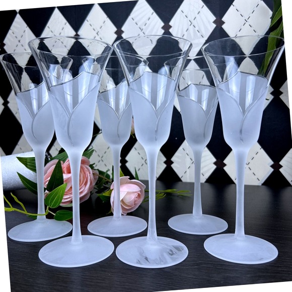 Vintage Other - Vintage Sasaki Hana Flutes Frosted Floral Stem Champagne Glasses Set 6 Celestial